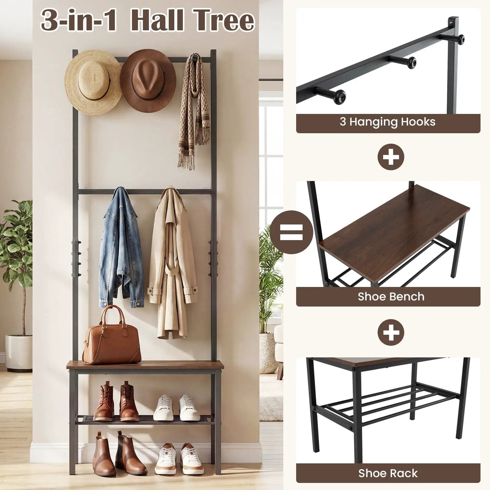 3-in-1 Hall Tree Freestanding Entryway Bench with Hooks by DirectDeals