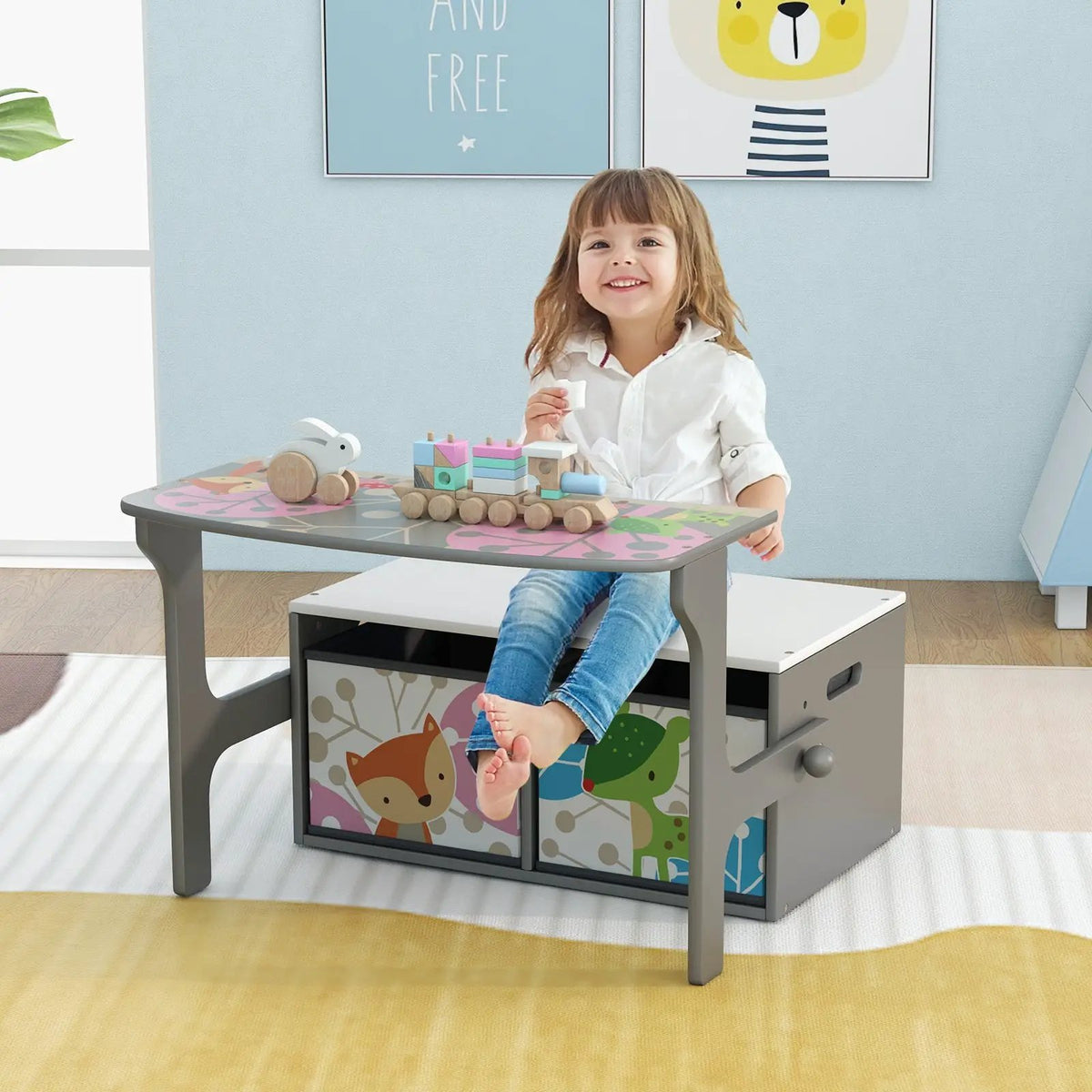 3 in 1 Kids Convertible Activity Bench with 2 Removable Fabric Bins by DirectDeals