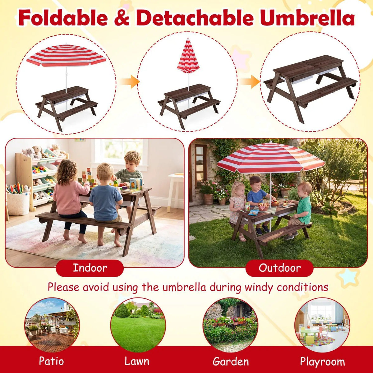 Kids Outdoor Picnic Water Sand Table with Umbrella by DirectDeals