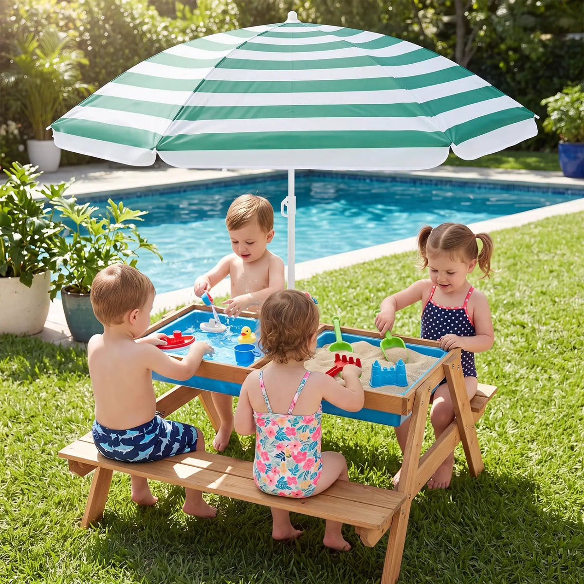 Kids Outdoor Picnic Water Sand Table with Umbrella by DirectDeals