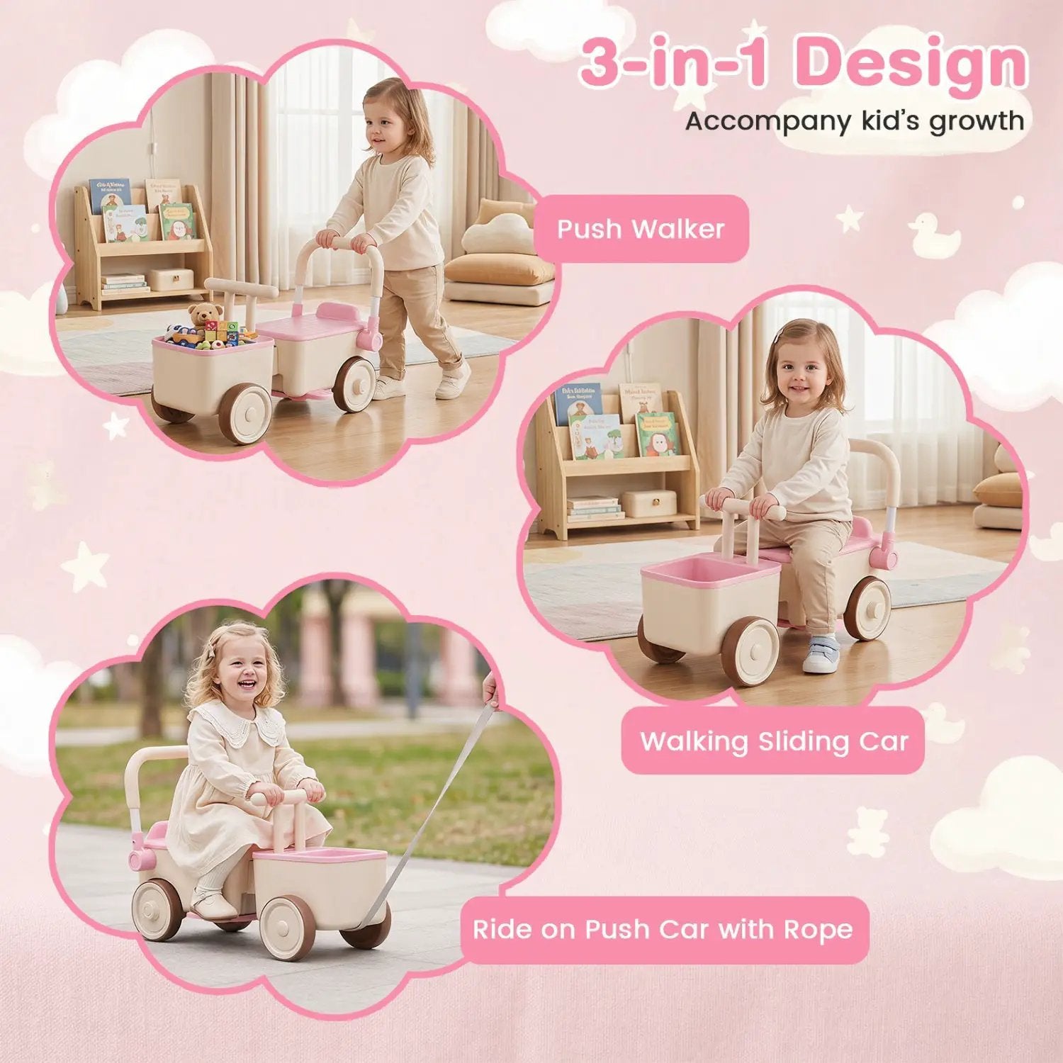3-in-1 Kids Ride On Push Car with Rope and Storage Basket by DirectDeals