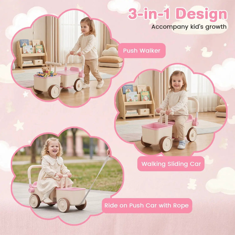 3-in-1 Kids Ride On Push Car with Rope and Storage Basket by DirectDeals