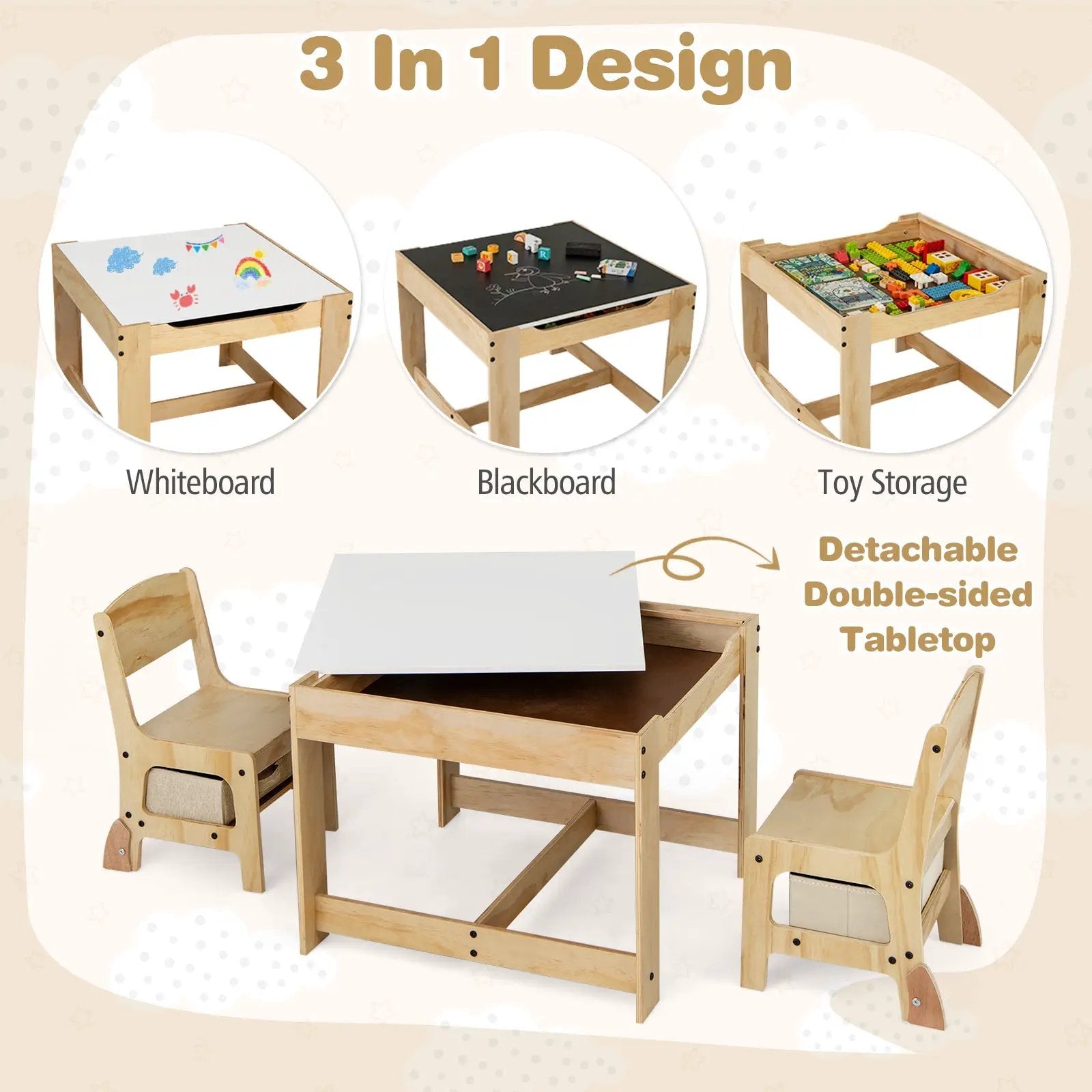 3 in 1 Kids Table and Chair Set with Removable Tabletop and 2 Storage Drawers by DirectDeals