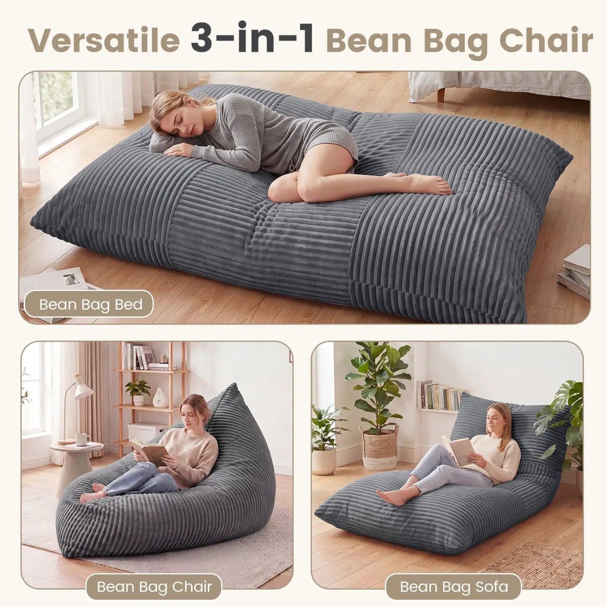 3-in-1 Convertible Bean Bag Chair with Corduroy Fabric by DirectDeals