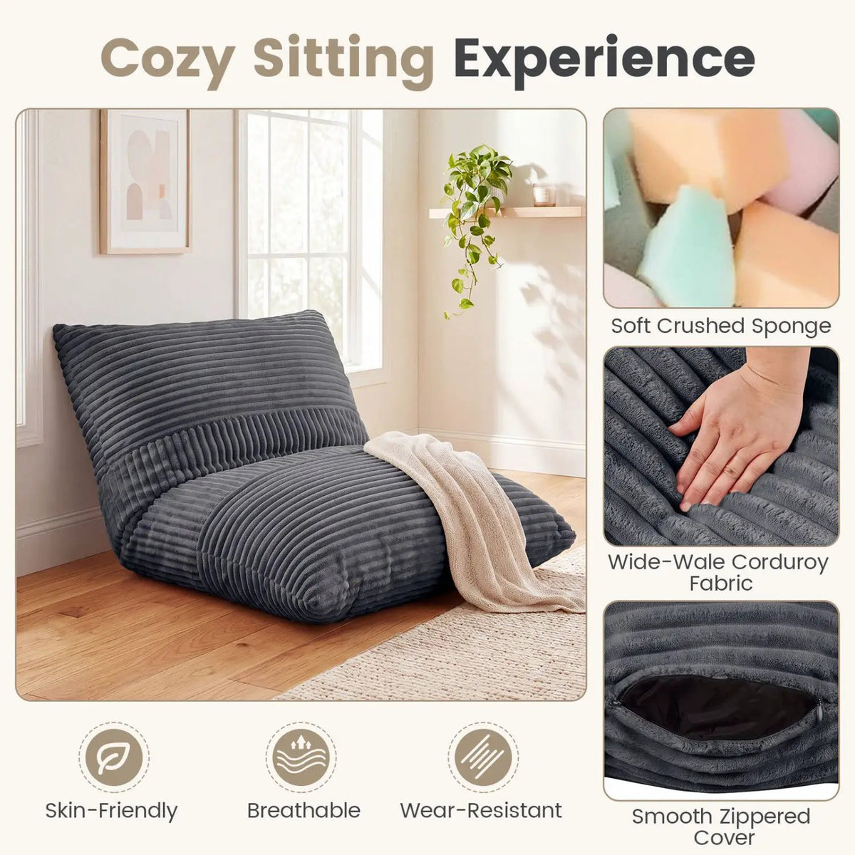 3-in-1 Convertible Bean Bag Chair with Corduroy Fabric by DirectDeals