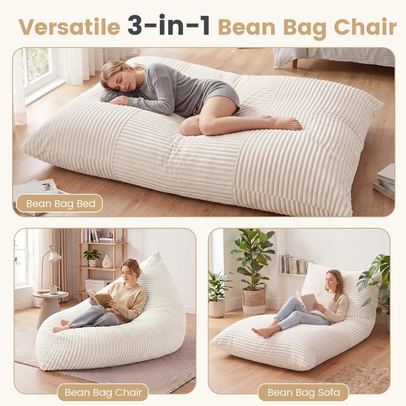 3-in-1 Convertible Bean Bag Chair with Corduroy Fabric by DirectDeals