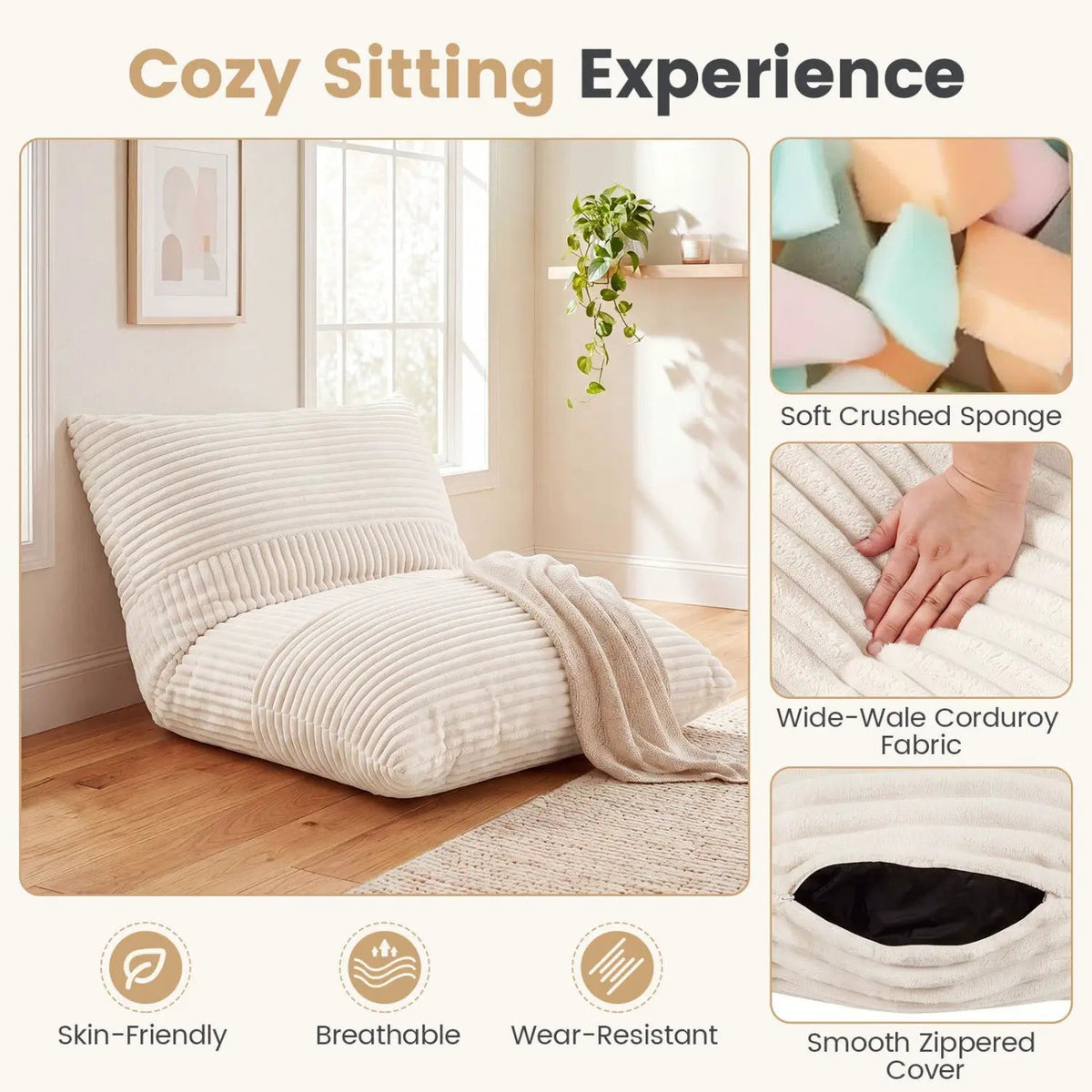 3-in-1 Convertible Bean Bag Chair with Corduroy Fabric by DirectDeals