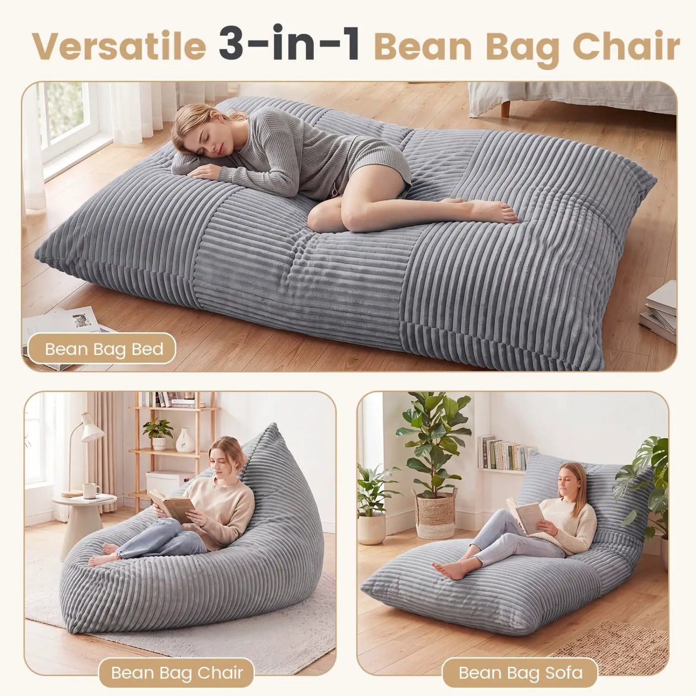 3-in-1 Convertible Bean Bag Chair with Corduroy Fabric by DirectDeals