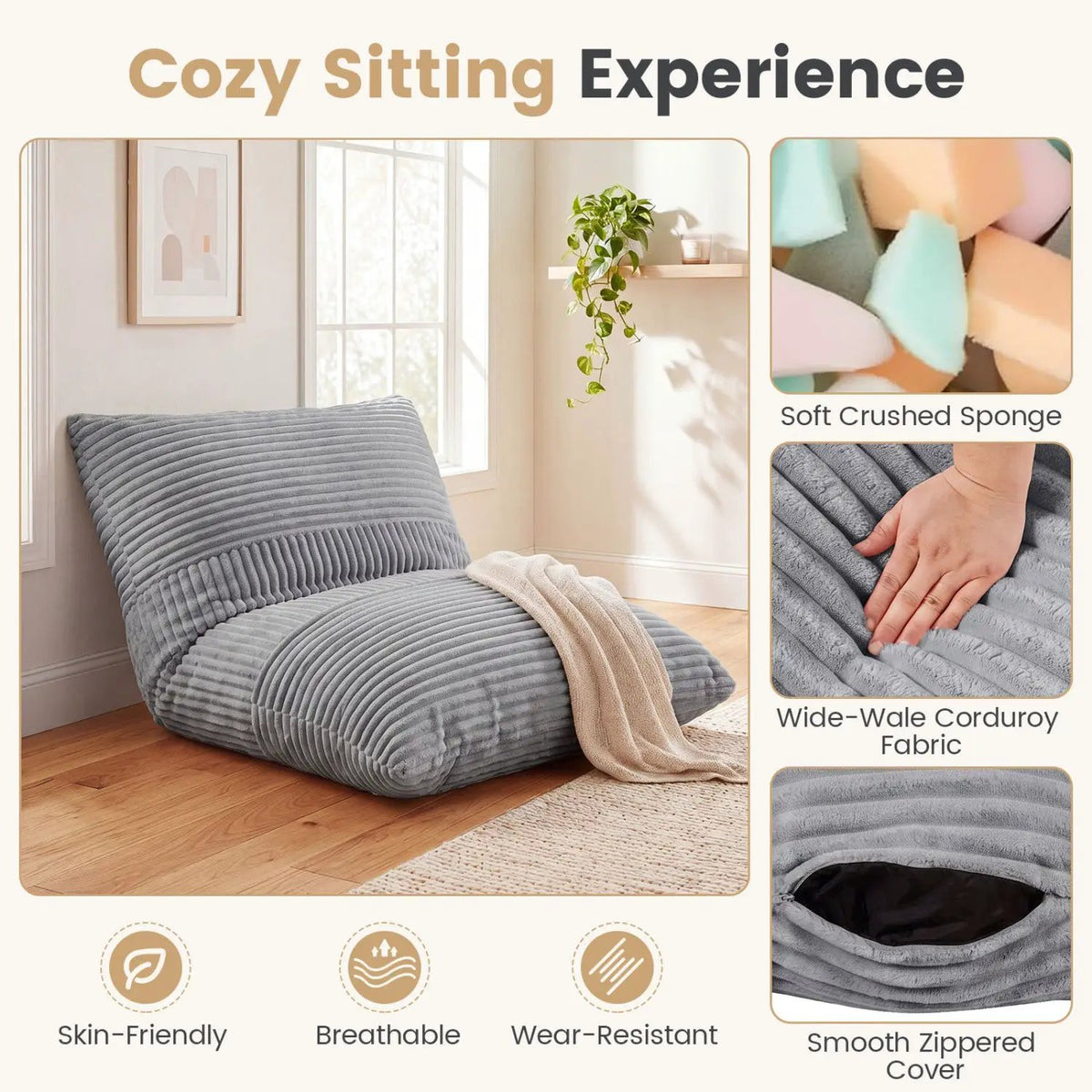 3-in-1 Convertible Bean Bag Chair with Corduroy Fabric by DirectDeals