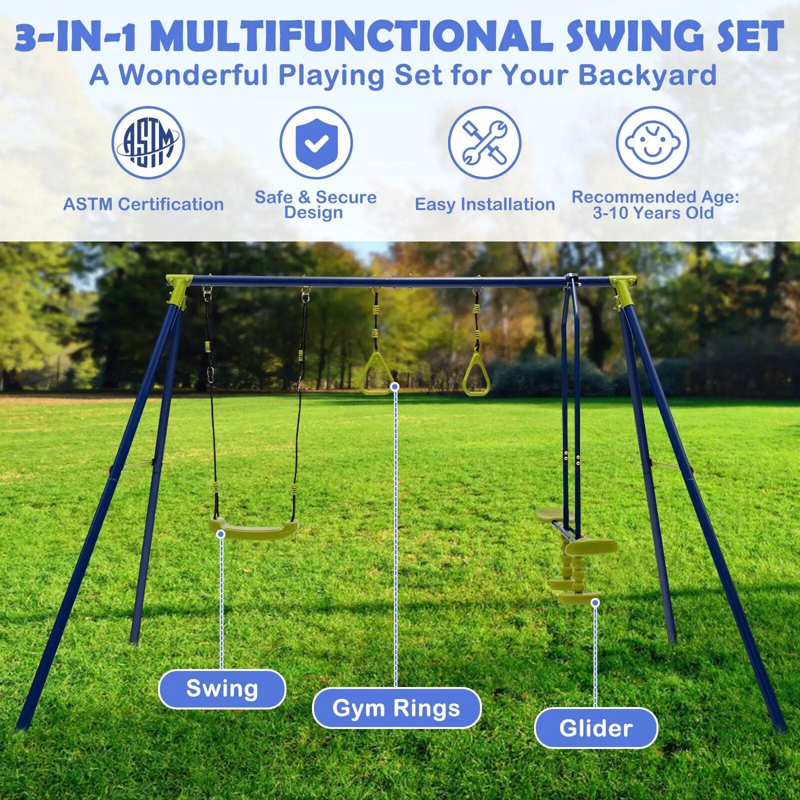 3-in-1 Outdoor Swing Set for Kids Aged 3 to 10 by DirectDeals