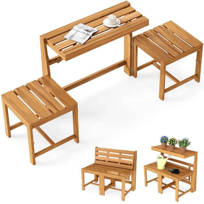 3-in-1 Outdoor Acacia Wood Loveseat Bench Furniture with Slatted Seat by DirectDeals