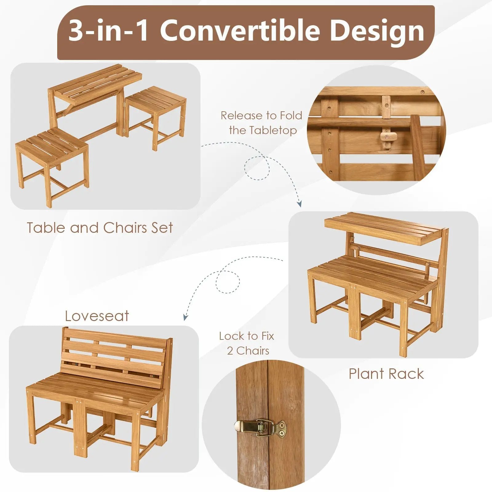 3-in-1 Outdoor Acacia Wood Loveseat Bench Furniture with Slatted Seat by DirectDeals