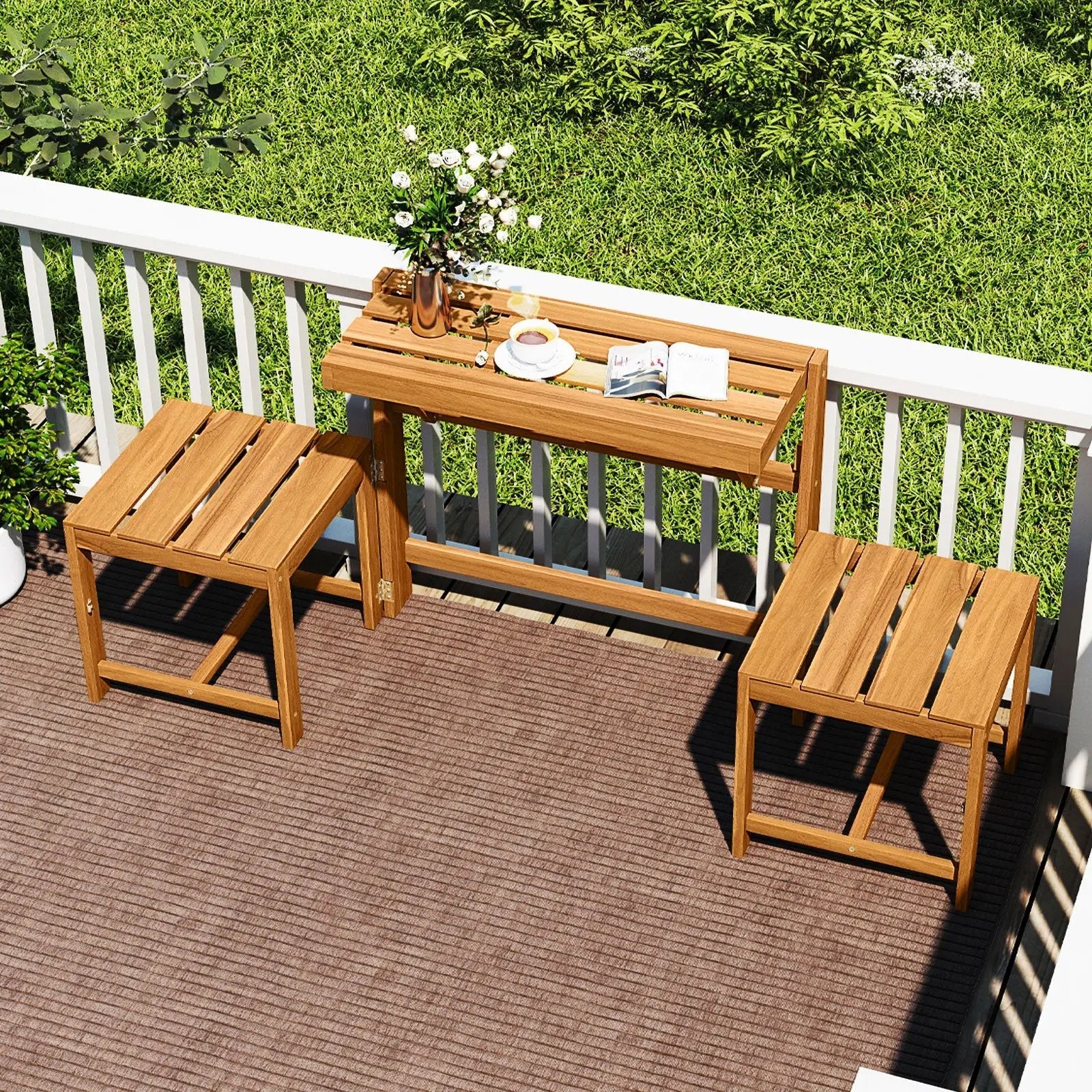 3-in-1 Outdoor Acacia Wood Loveseat Bench Furniture with Slatted Seat by DirectDeals