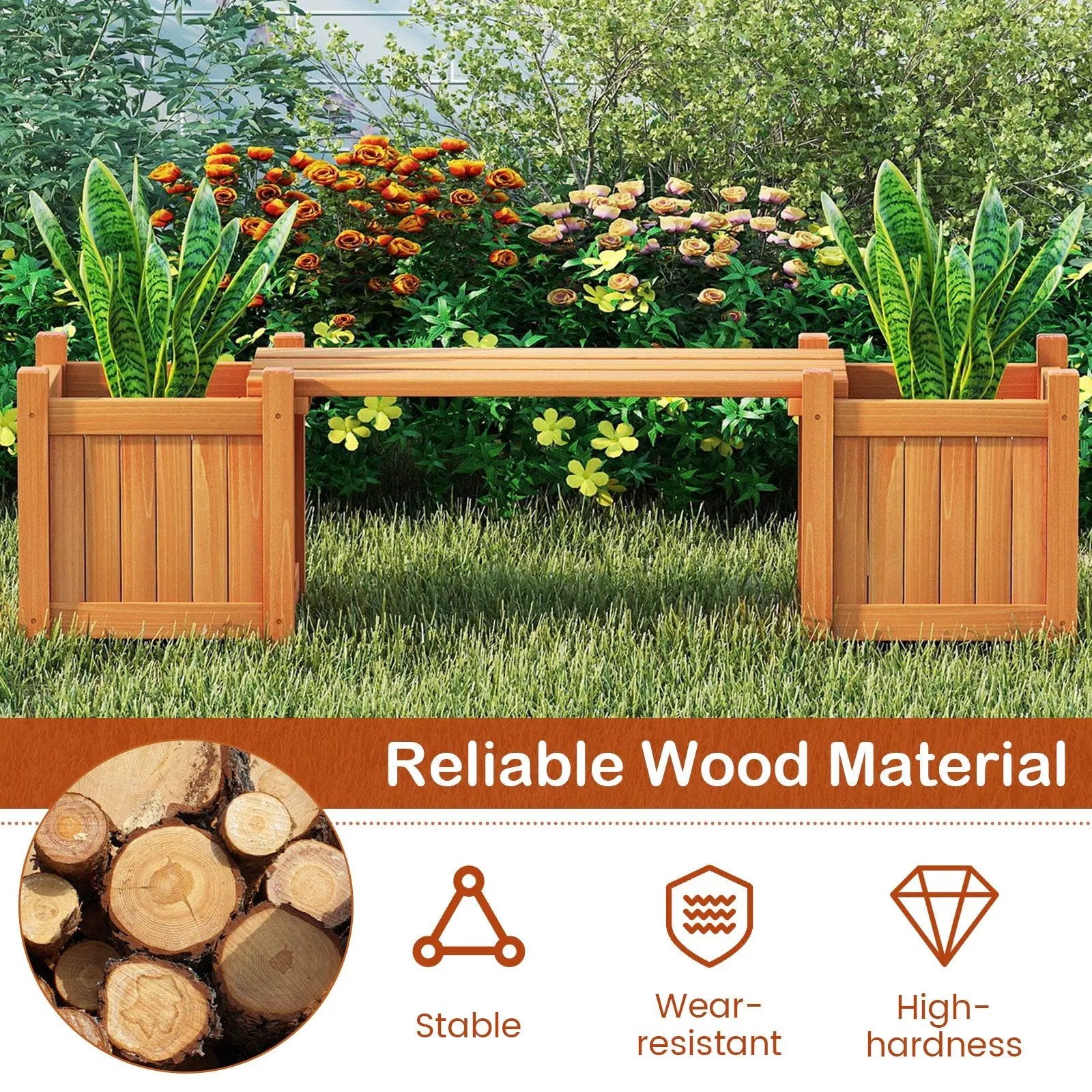 3-in-1 Outdoor Planter Box with Bench 2-Person Outdoor Bench with 2 Side Garden Beds-Orange by DirectDeals