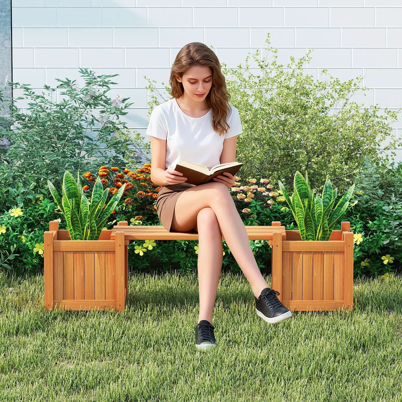 3-in-1 Outdoor Planter Box with Bench 2-Person Outdoor Bench with 2 Side Garden Beds-Orange by DirectDeals