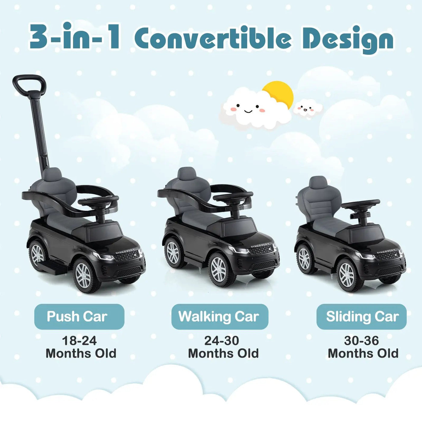 3 in 1 Push Car with Removable Handle and Guardrail for Kids 18-36 Months Old by DirectDeals