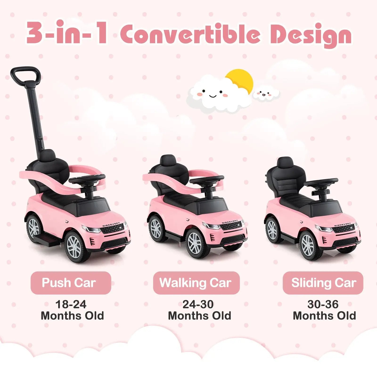 3 in 1 Push Car with Removable Handle and Guardrail for Kids 18-36 Months Old by DirectDeals