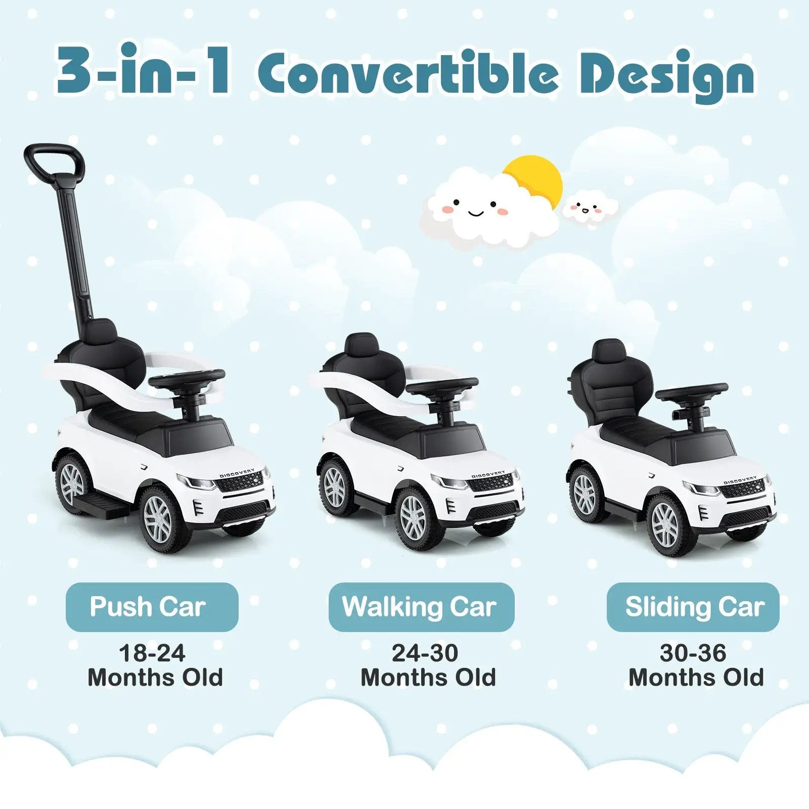 3 in 1 Push Car with Removable Handle and Guardrail for Kids 18-36 Months Old by DirectDeals