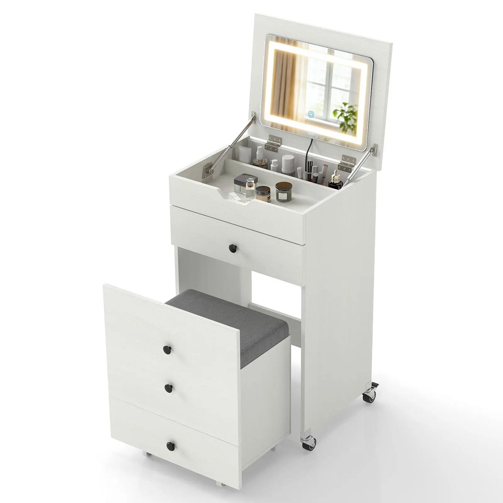 3-in-1 Small Vanity Desk Set with Flip-top Mirror and Lights with Drawers and Stool-White by DirectDeals