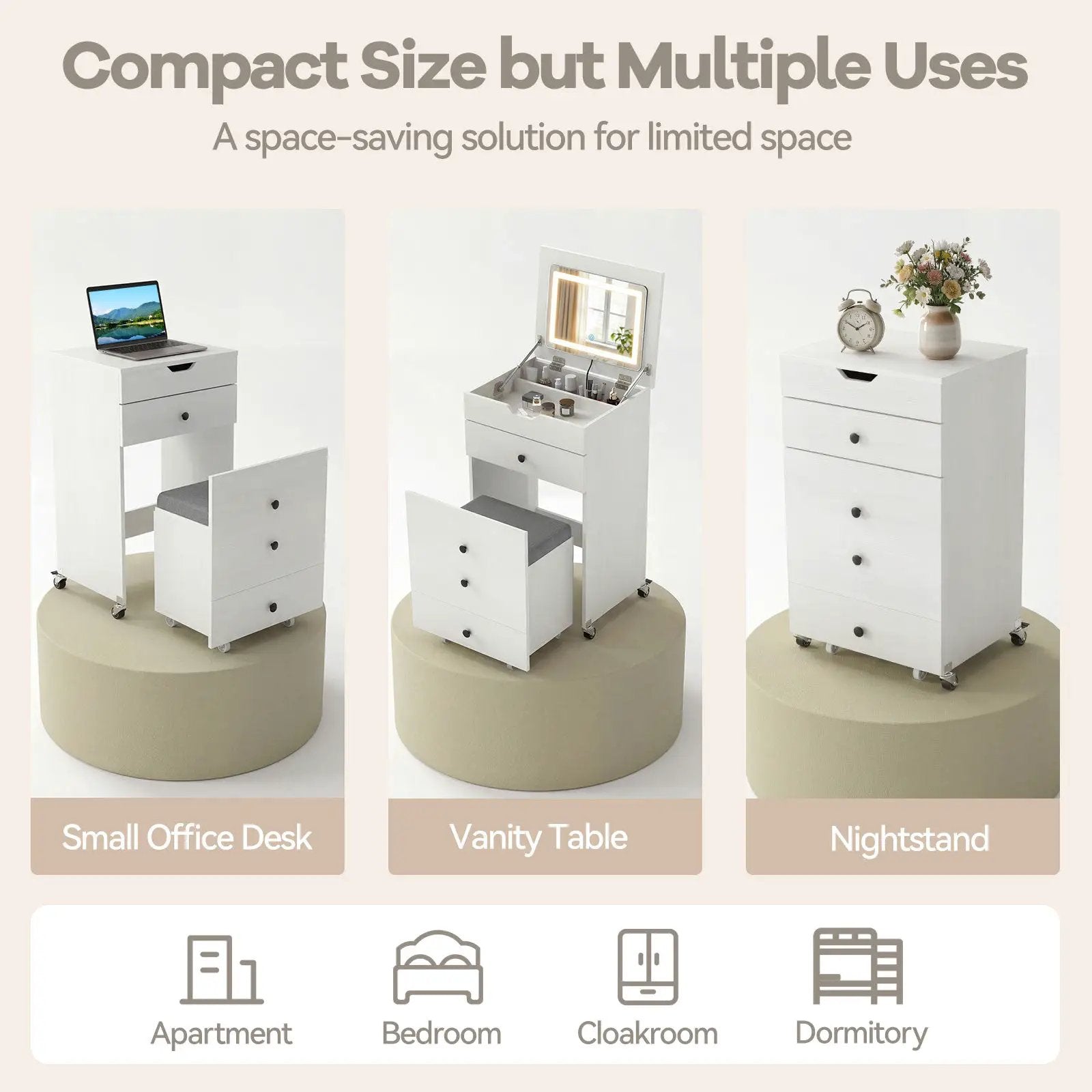 3-in-1 Small Vanity Desk Set with Flip-top Mirror and Lights with Drawers and Stool-White by DirectDeals