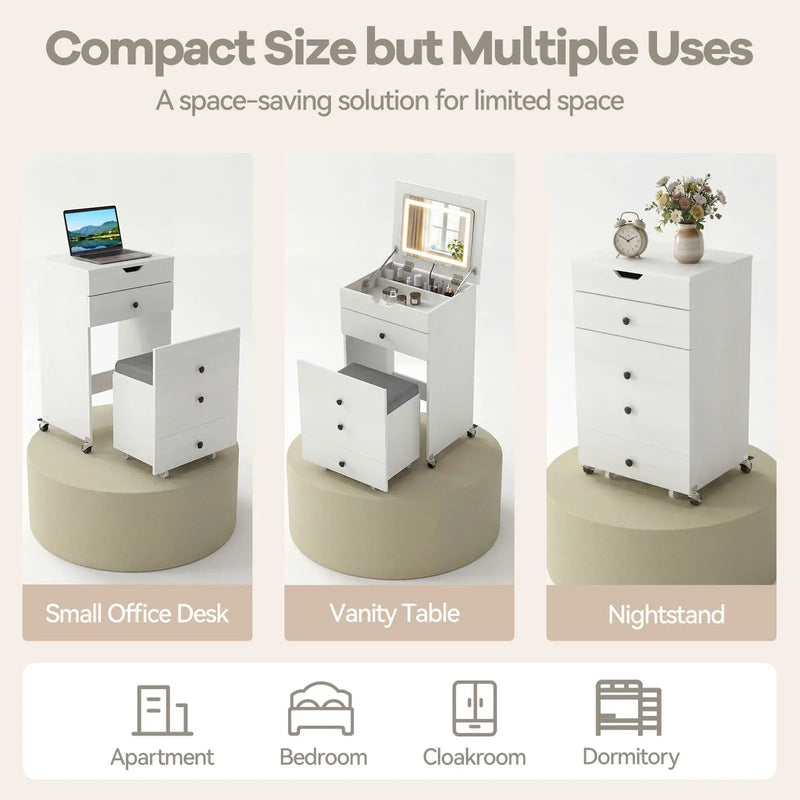 3-in-1 Small Vanity Desk Set with Flip-top Mirror and Lights with Drawers and Stool-White by DirectDeals