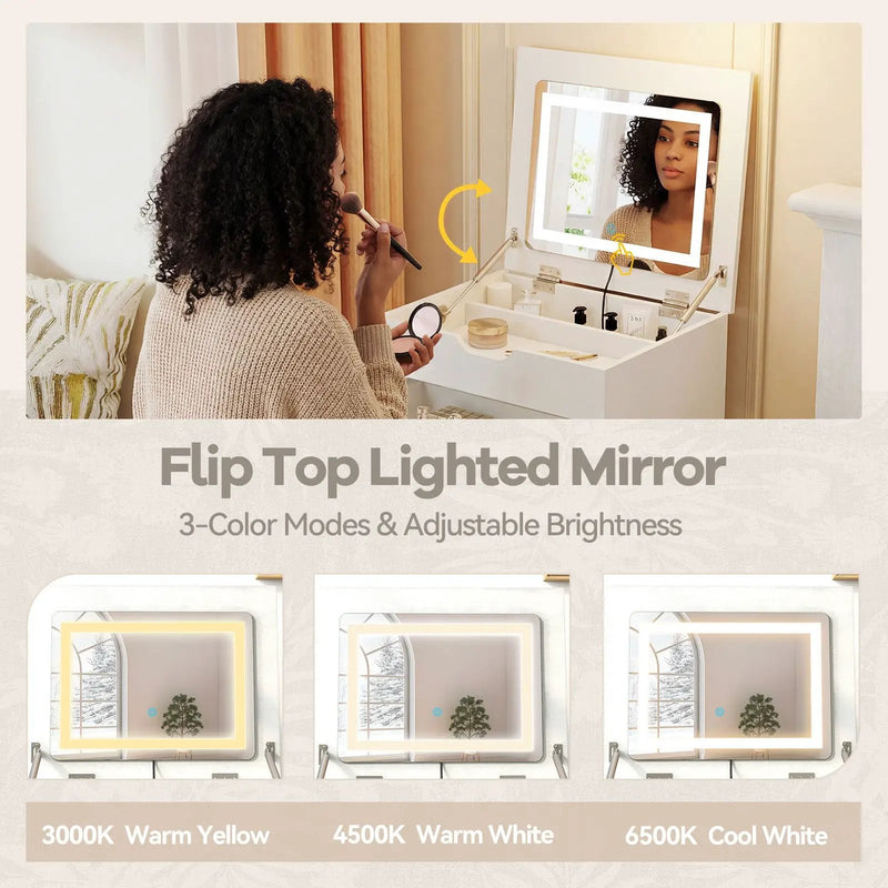 3-in-1 Small Vanity Desk Set with Flip-top Mirror and Lights with Drawers and Stool-White by DirectDeals