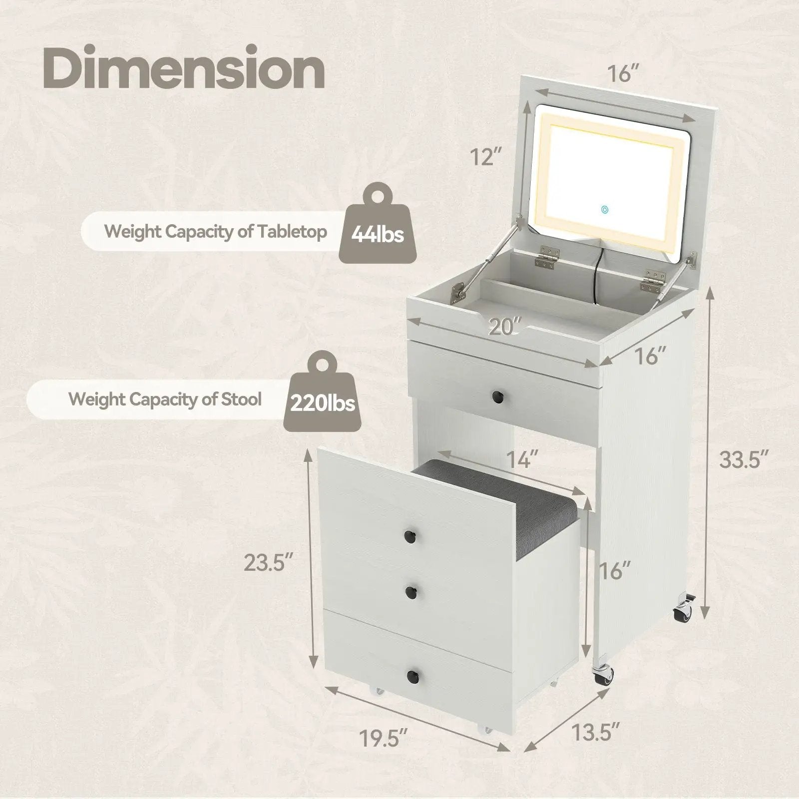 3-in-1 Small Vanity Desk Set with Flip-top Mirror and Lights with Drawers and Stool-White by DirectDeals