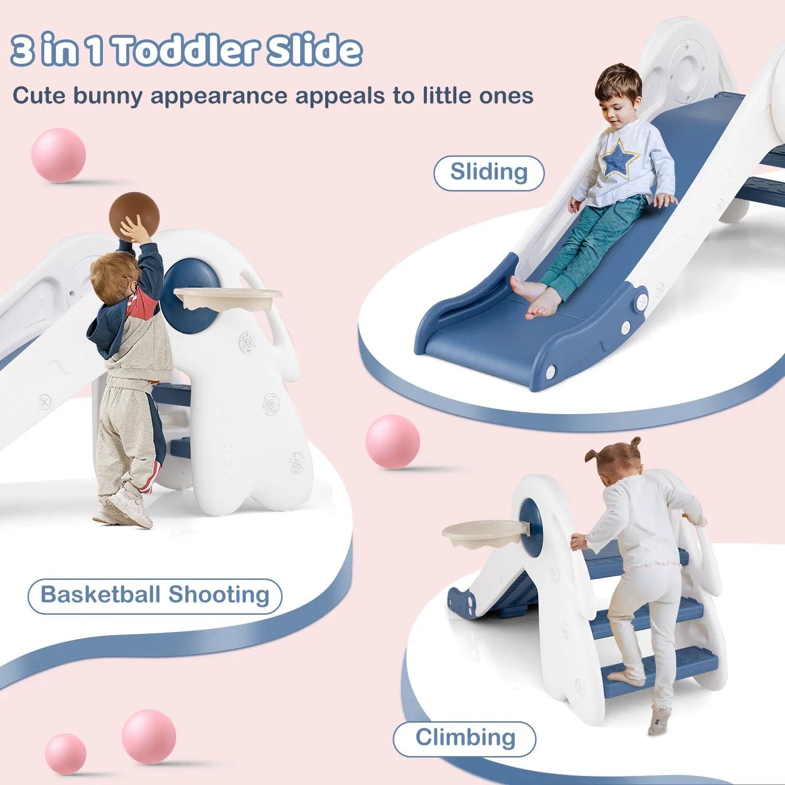 3 in 1 Toddler Slide Baby Slide Climber Playset with Basketball Hoop and Basketball by DirectDeals