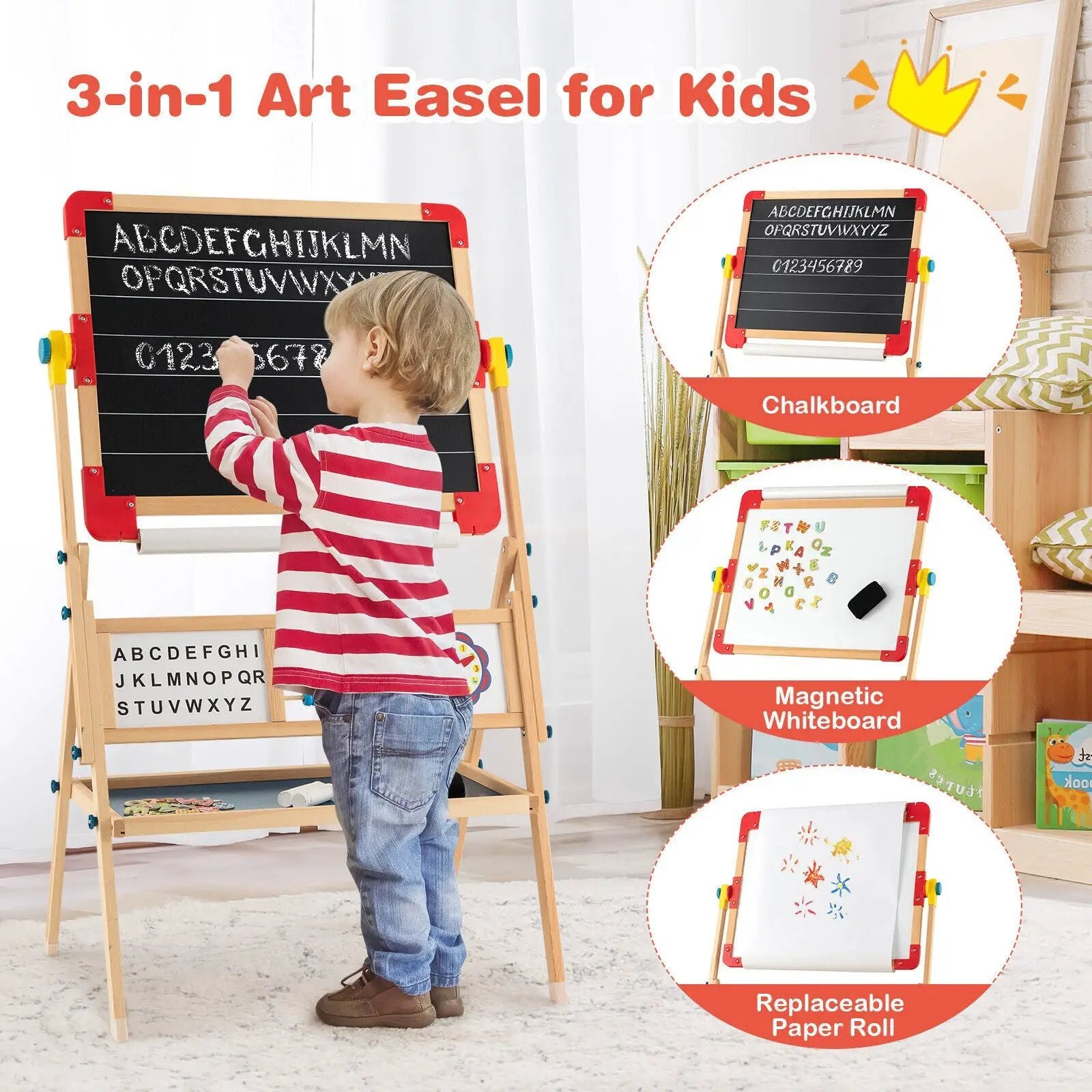 3-in-1 Wooden Art Easel for Kids with Drawing Paper Roll by DirectDeals