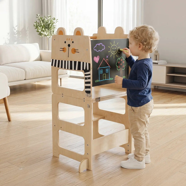 3-in-1 Wooden Kids Step Stool with Chalkboard