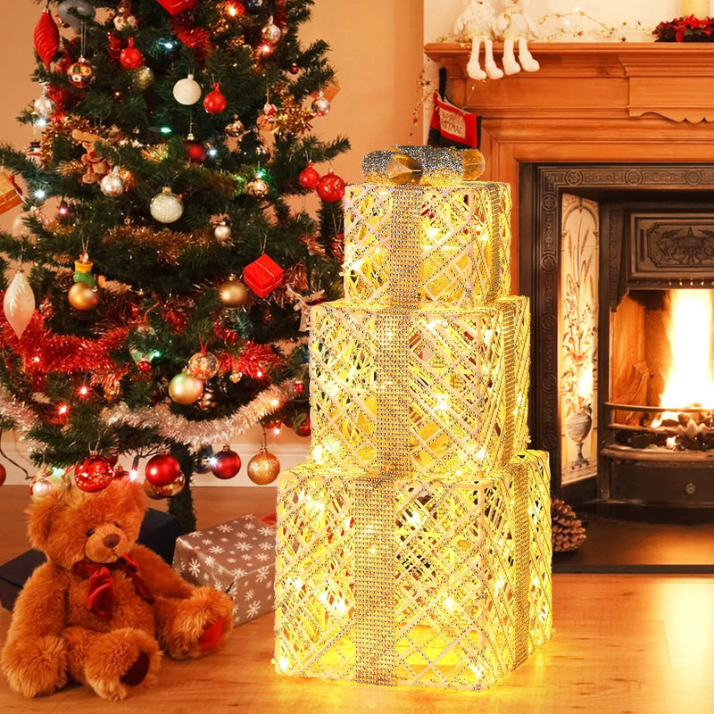 3 Pack Christmas Lighted Gift Box with 50 LED Lights and Detachable Bows by DirectDeals