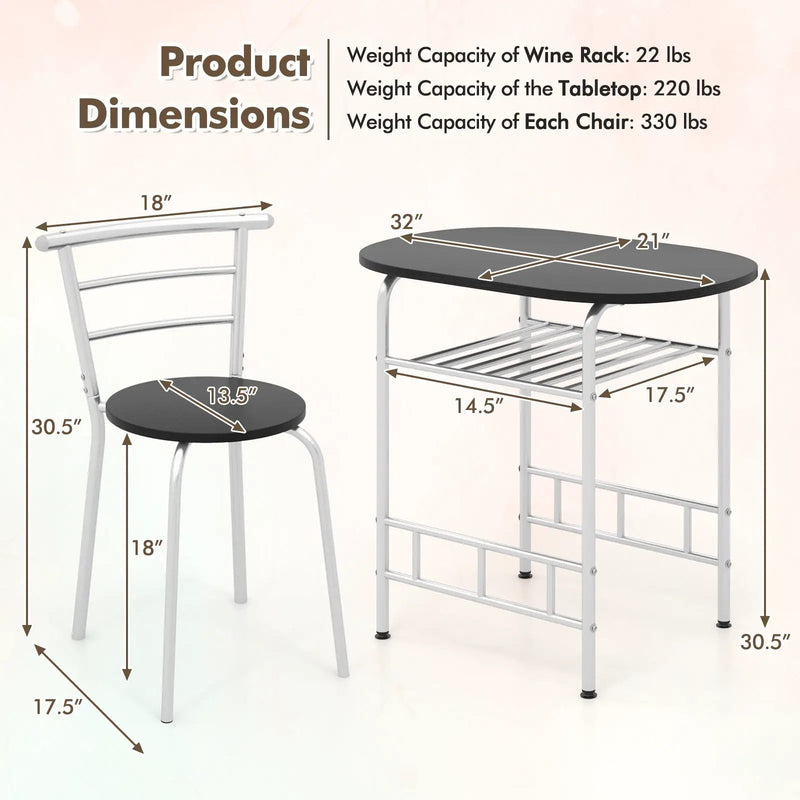 3 pcs Home Kitchen Bistro Pub Dining Table 2 Chairs Set by DirectDeals