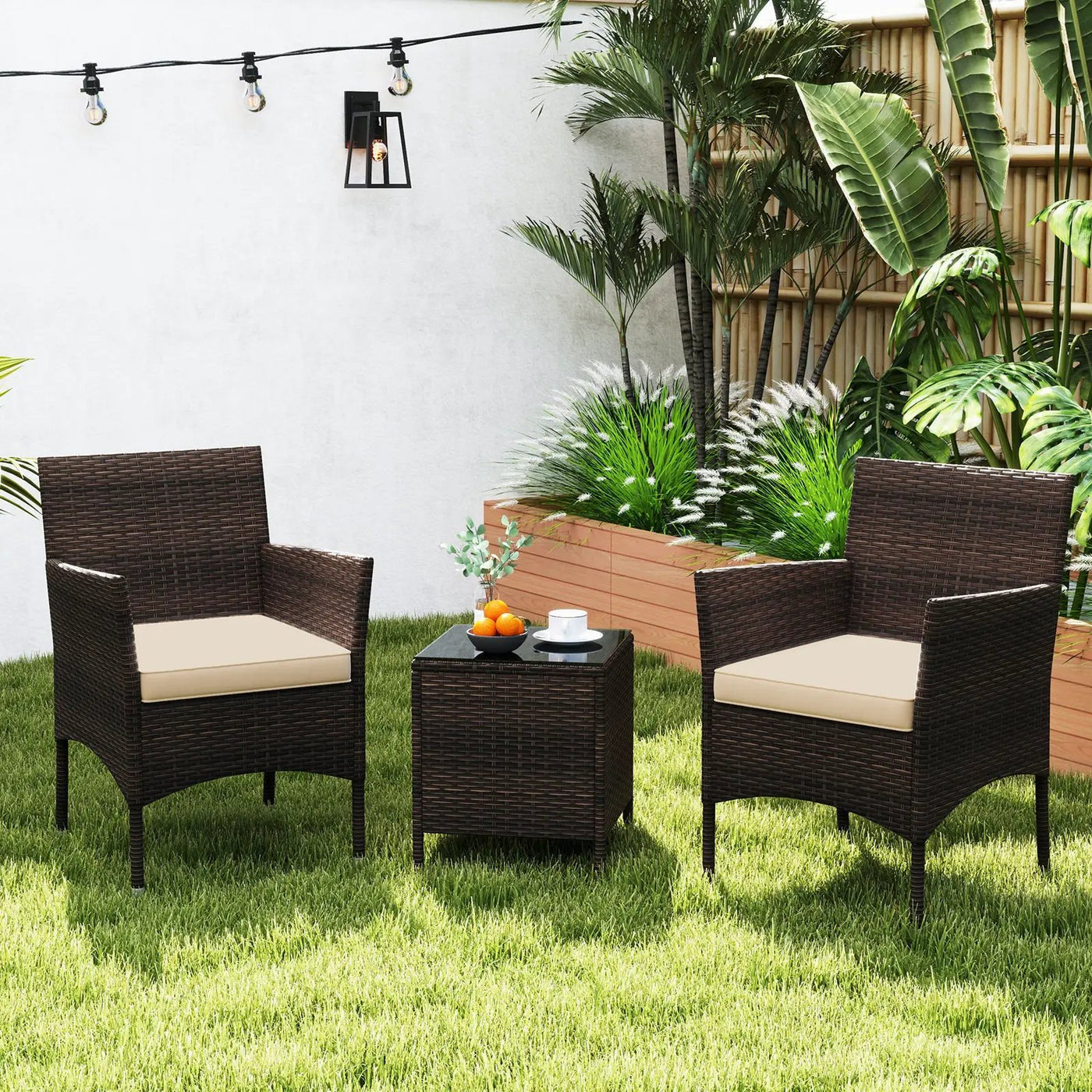 3 Pieces Outdoor Conversation Set with Cushioned Seat and Glass Tabletop by DirectDeals