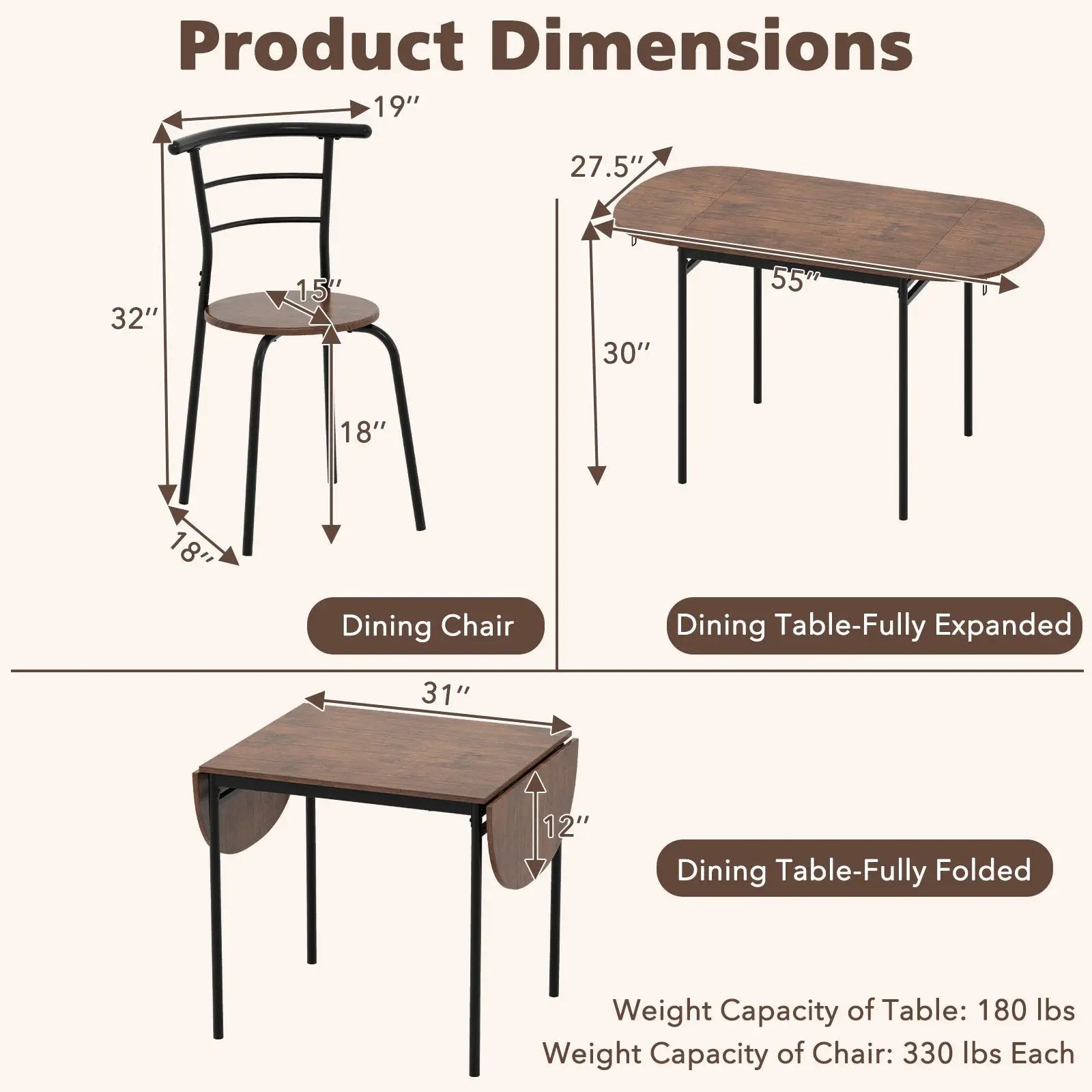 3 Pieces Dining Set with 2 Chairs and Modern Kitchen Table for Small Space-Brown by DirectDeals
