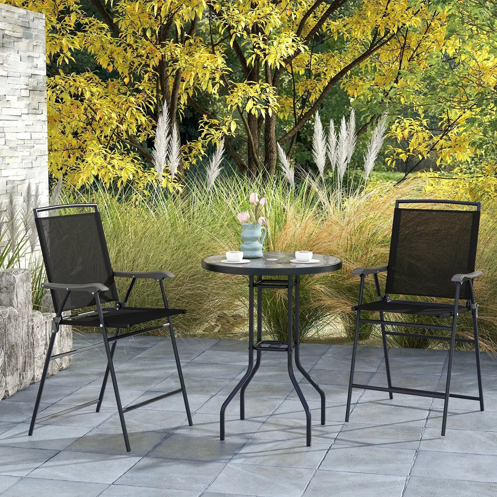 3 Pieces Outdoor Bar Stool Set with DPC Tabletop and Umbrella Hole for Poolside-Black by DirectDeals