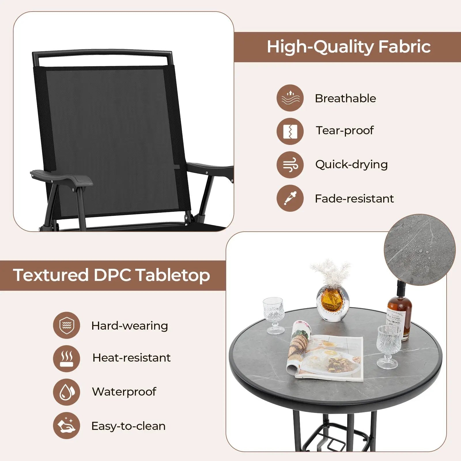 3 Pieces Outdoor Bar Stool Set with DPC Tabletop and Umbrella Hole for Poolside-Black by DirectDeals