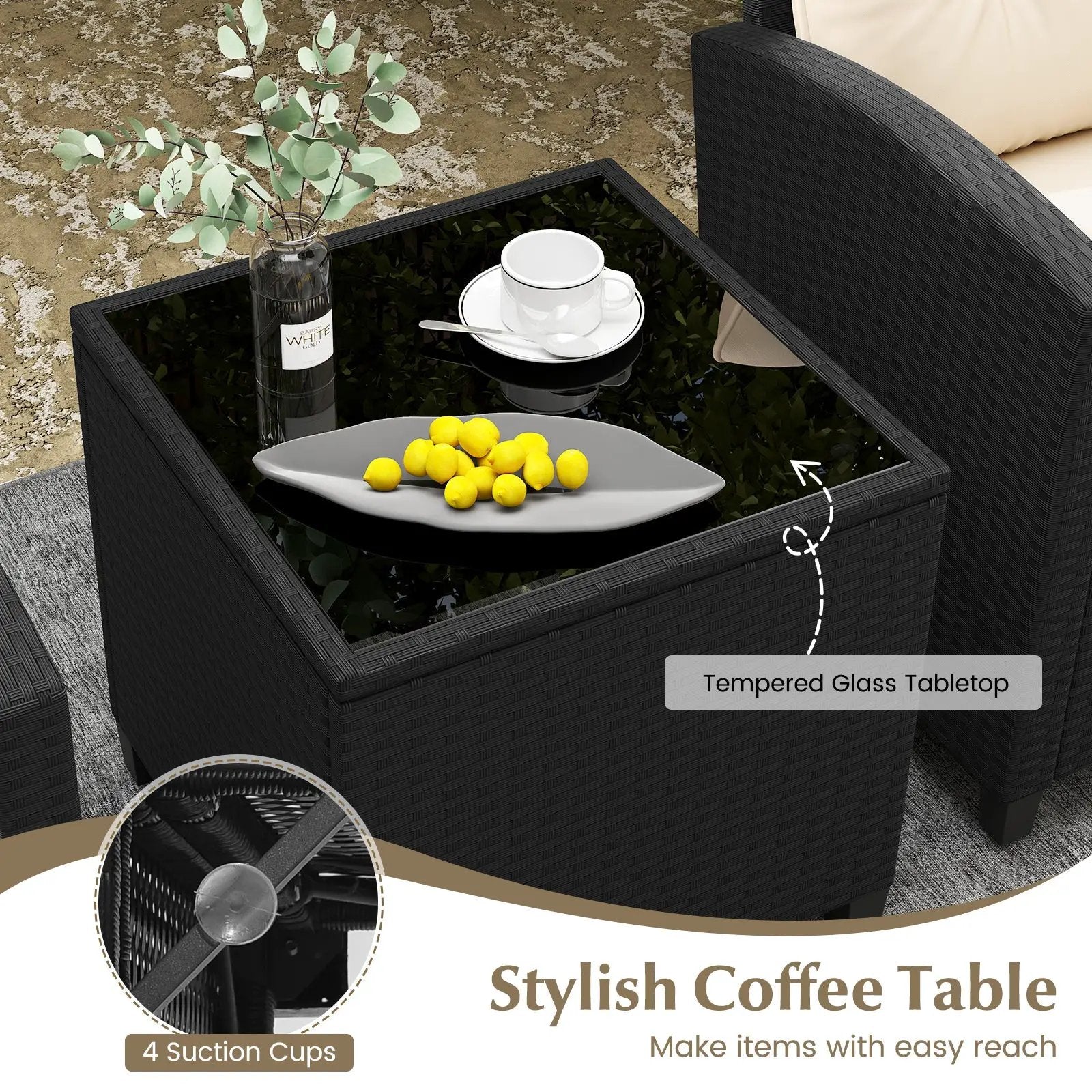 3 Pieces Patio Furniture Set with Tempered Glass Coffee Table by DirectDeals