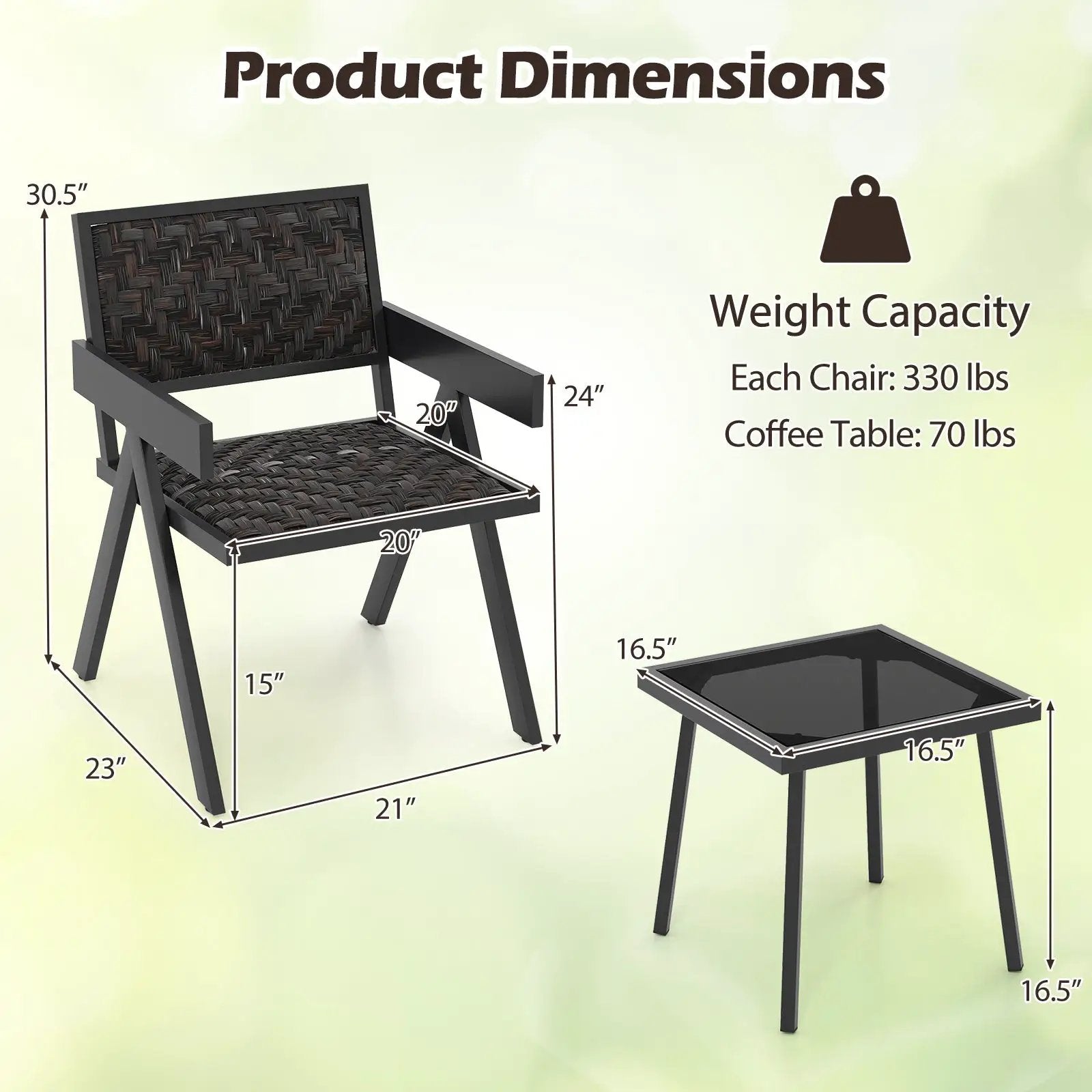 3 Pieces Patio PE Wicker Bistro Set with Quick-Drying Foam-Black by DirectDeals