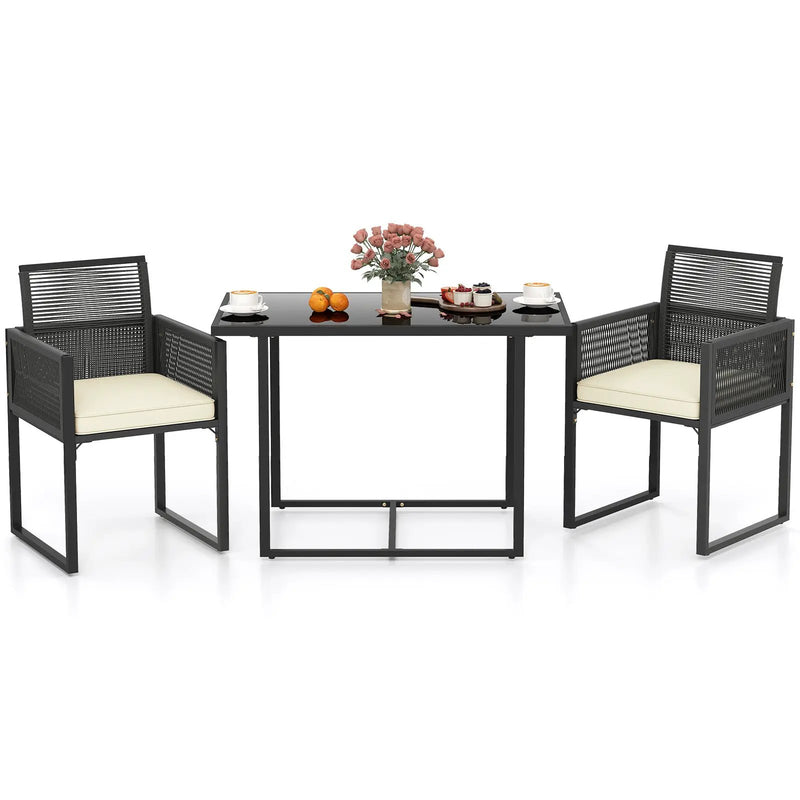 3 Pieces Patio Tempered Glass Top Table and Chairs Set for Porch Backyard-White by DirectDeals