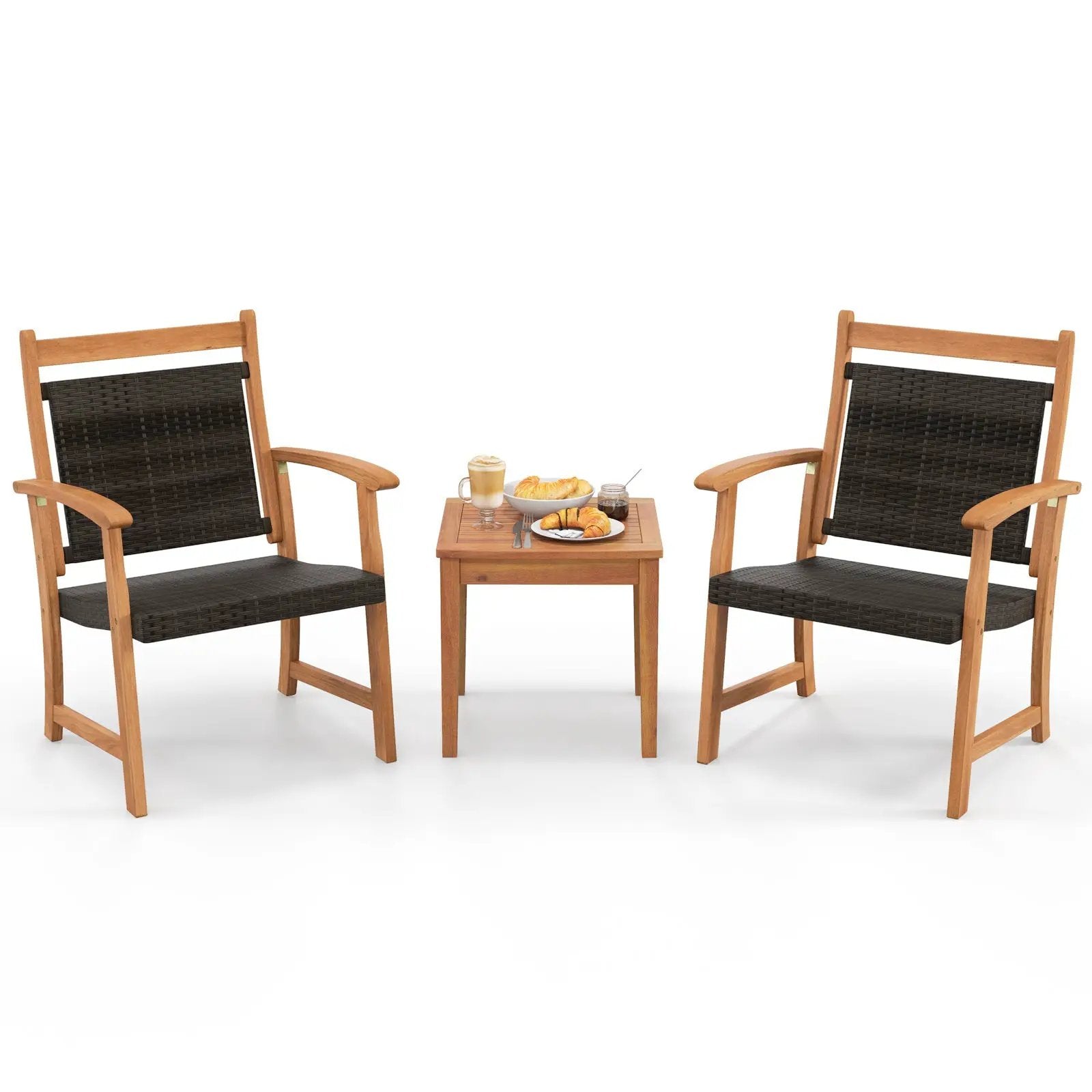 3 Pieces Rattan Bistro Set with Acacia Wood Frame for Garden by DirectDeals