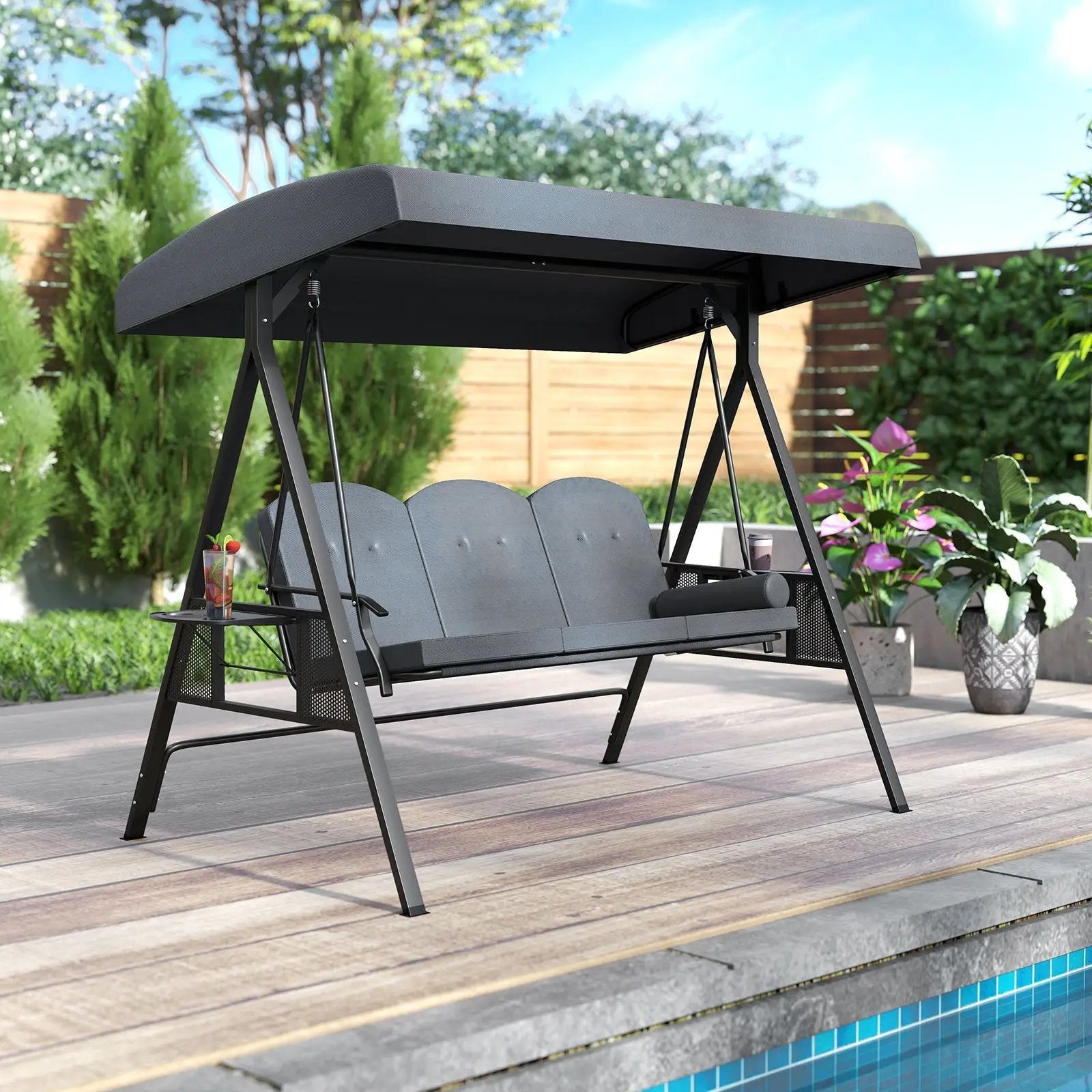 3-Seat Patio Swing Chair Porch Swing with Adjustable Canopy Thickened Cushions Pillow and Foldable Side Trays by DirectDeals