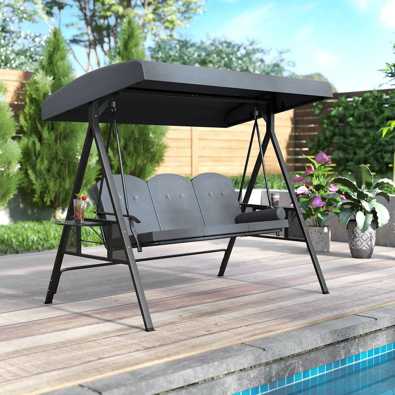 3-Seat Patio Swing Chair Porch Swing with Adjustable Canopy Thickened Cushions Pillow and Foldable Side Trays by DirectDeals