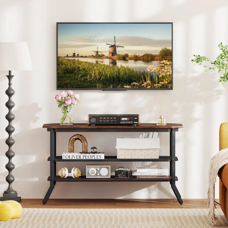 3-tier Console Table TV Stand with Mesh Storage Shelf-Rustic Brown by DirectDeals