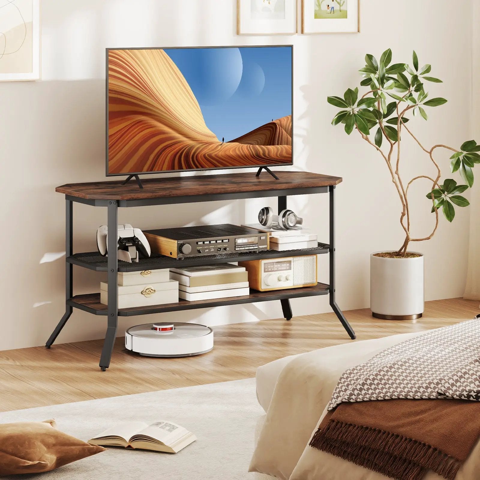 3-tier Console Table TV Stand with Mesh Storage Shelf-Rustic Brown by DirectDeals