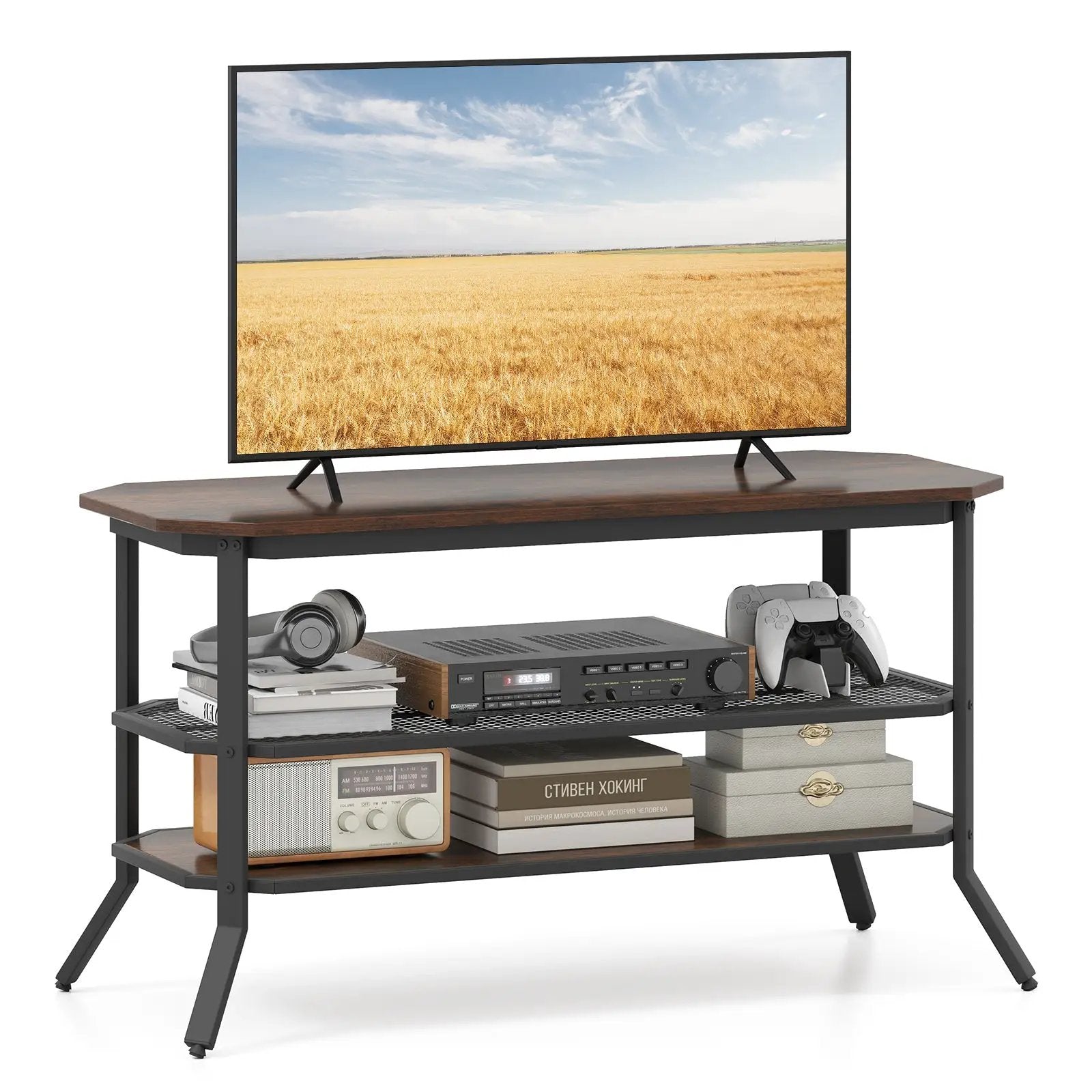 3-tier Console Table TV Stand with Mesh Storage Shelf-Rustic Brown by DirectDeals
