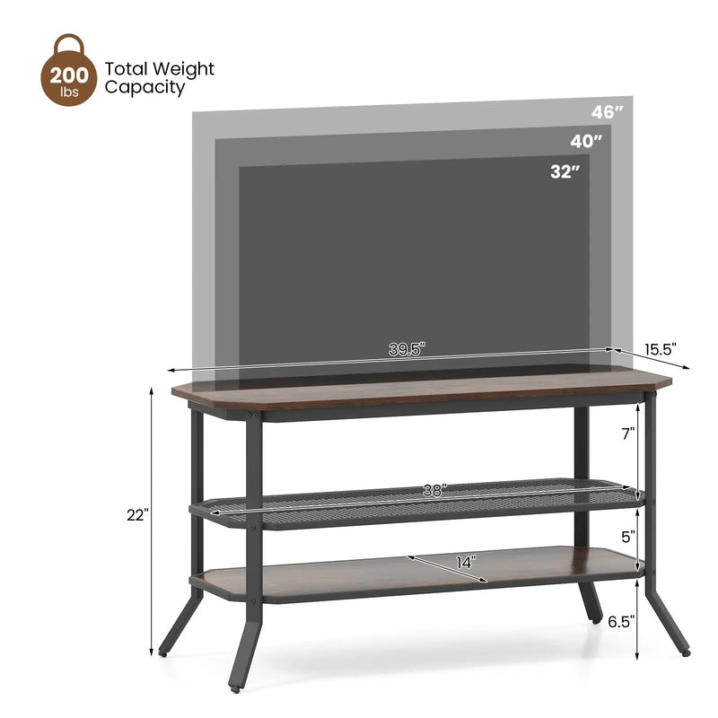 3-tier Console Table TV Stand with Mesh Storage Shelf-Rustic Brown by DirectDeals