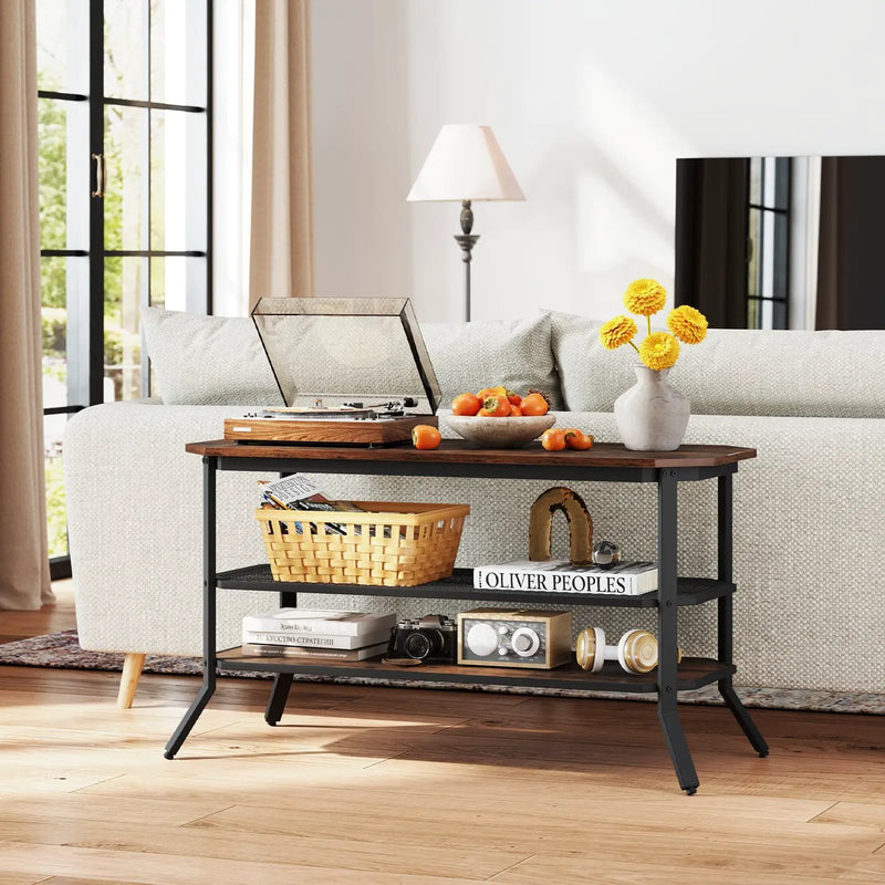 3-tier Console Table TV Stand with Mesh Storage Shelf-Rustic Brown by DirectDeals