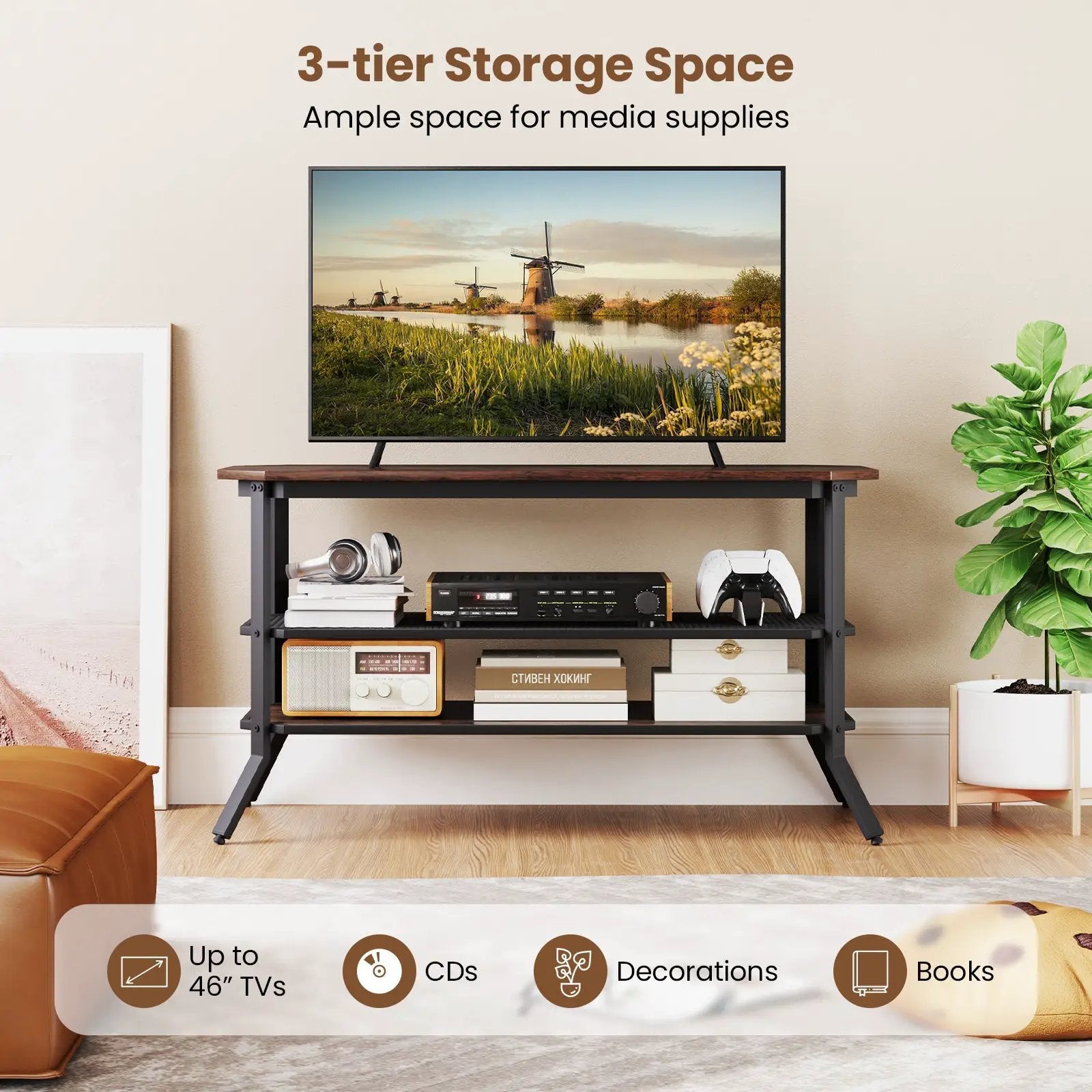 3-tier Console Table TV Stand with Mesh Storage Shelf-Rustic Brown by DirectDeals