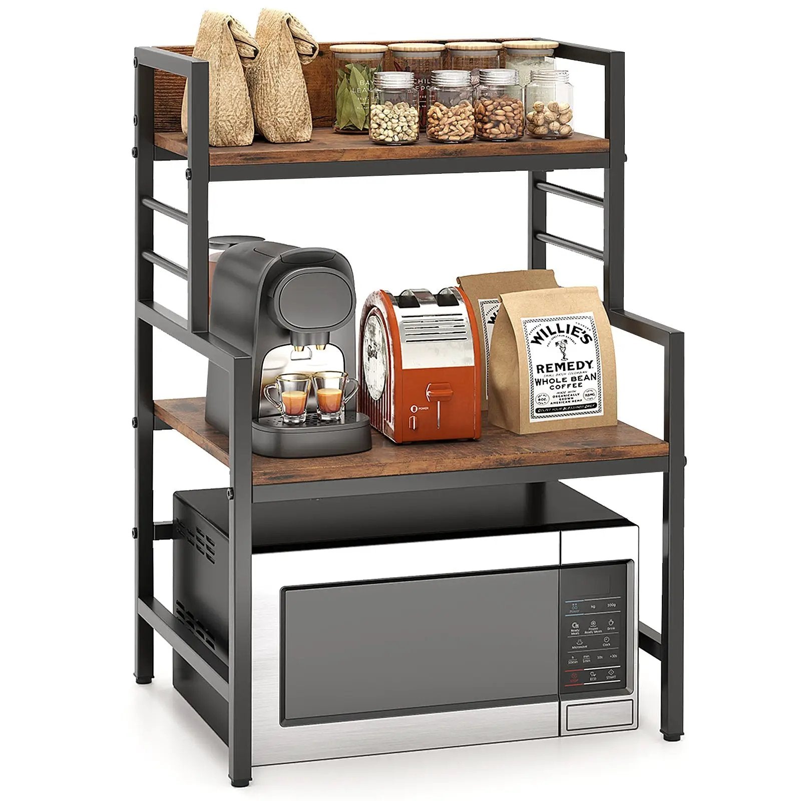 3-Tier Microwave Stand with 2 Open Shelves and Heavy-duty Metal Frame-Rustic Brown by DirectDeals