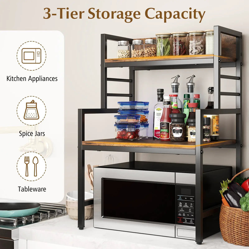 3-Tier Microwave Stand with 2 Open Shelves and Heavy-duty Metal Frame-Rustic Brown by DirectDeals